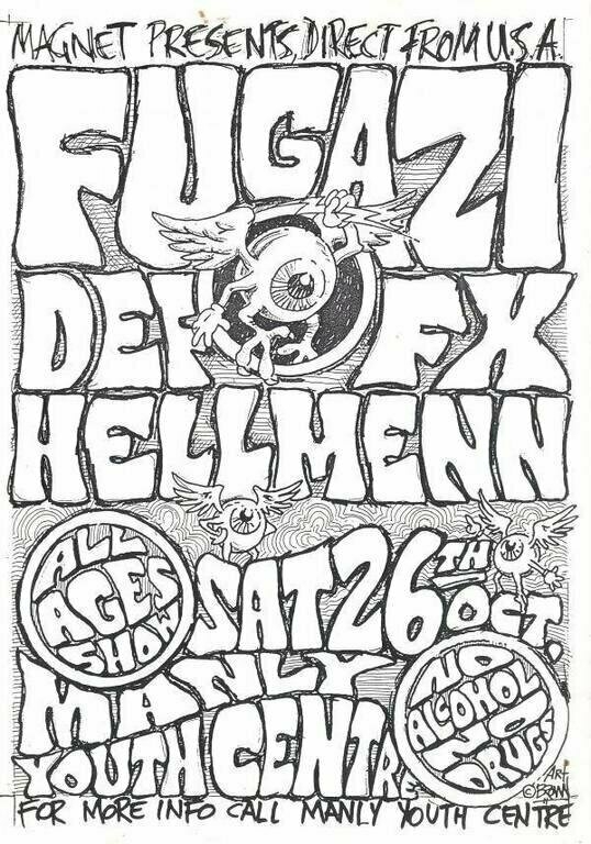 A hand-drawn and photocopied poster for a Fugazi, Def FX and Hellmenn all ages gig at Manly on 26 Oct 1991.