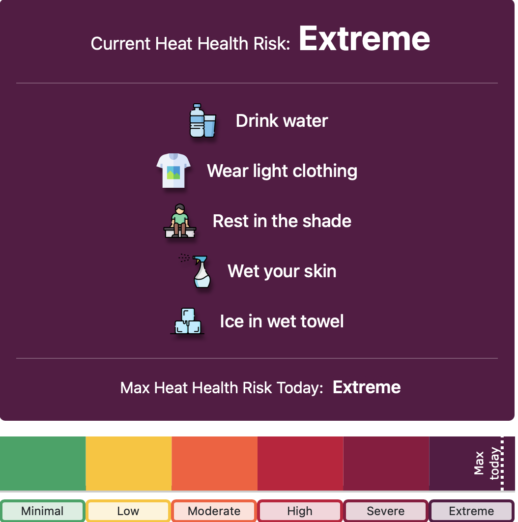 Screenshot of HeatWatch web page, showing my risk of heat health risk is currently extreme. It suggests "drink water, wear light clothing, rest in the shade, wet your skin, ice in wet towel".